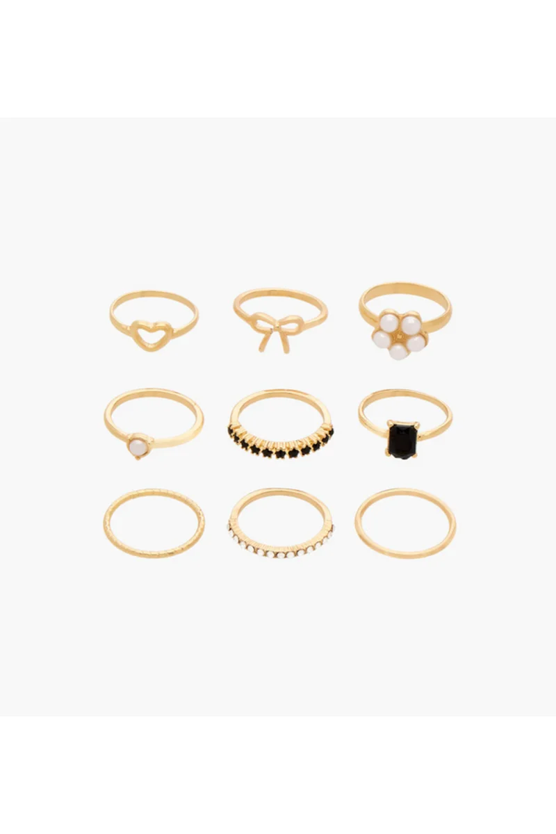 لايف ستايل Cubic Zirconia Embellished Gold Tone Ring - Set of 9